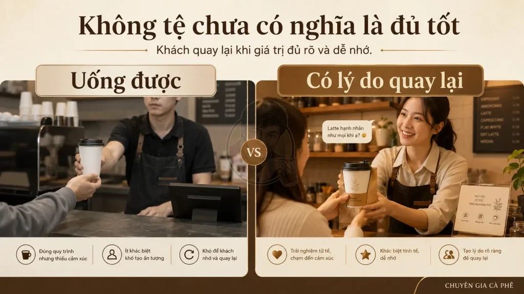 So sánh trải nghiệm trung tính và trải nghiệm giúp giữ chân khách quán cà phê.
