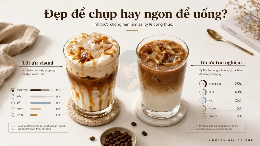 So sánh ly cà phê tối ưu visual và ly cà phê cân bằng hương vị.