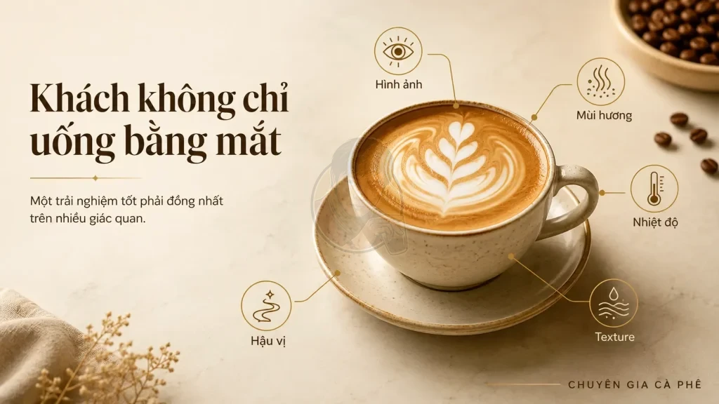 Trải nghiệm cà phê gồm visual, mùi hương, nhiệt độ, texture và hậu vị.