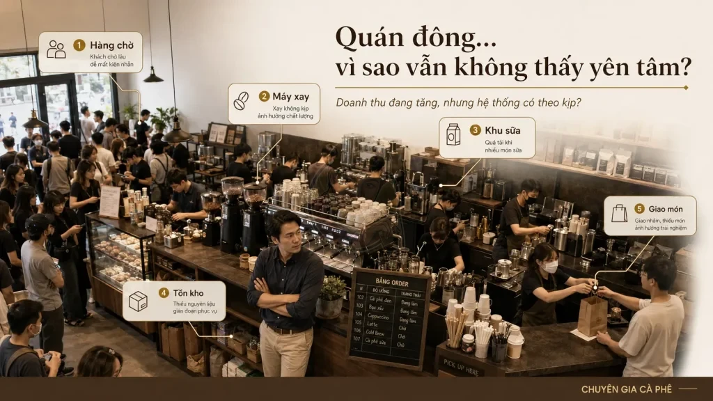 Vấn đề vận hành ẩn trong quán cà phê đông khách vào giờ cao điểm.