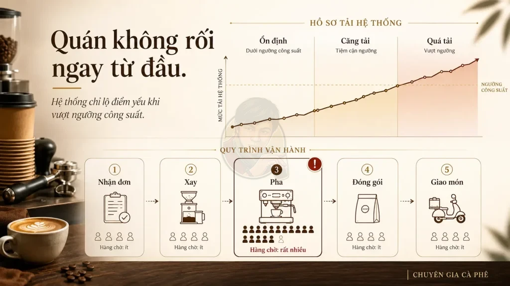 Biểu đồ công suất và điểm nghẽn vận hành quán cà phê giờ cao điểm.