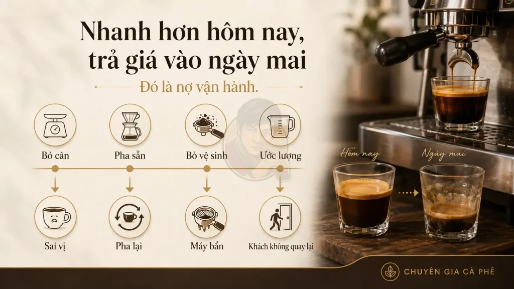 Nợ vận hành trong quán cà phê do bỏ bước kiểm soát khi đông khách.