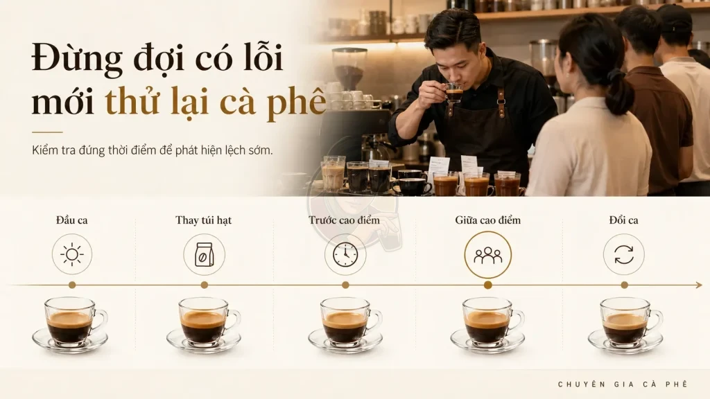 Lịch kiểm tra chất lượng cà phê trong ngày tại quán.