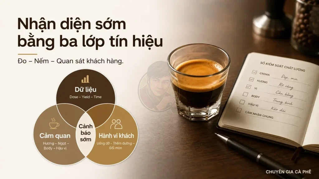 Ba lớp tín hiệu nhận diện cà phê lệch vị gồm dữ liệu, cảm quan và hành vi khách.