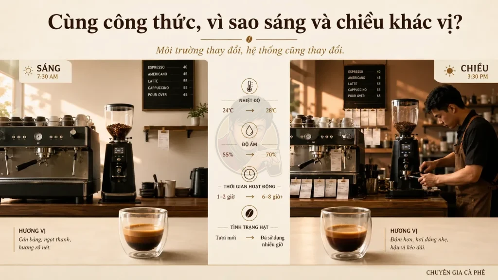 Cà phê buổi sáng và buổi chiều khác vị do môi trường quầy pha thay đổi.