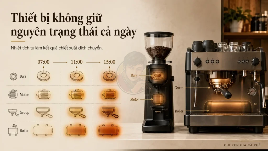 Nhiệt máy xay và máy pha thay đổi từ sáng đến chiều.