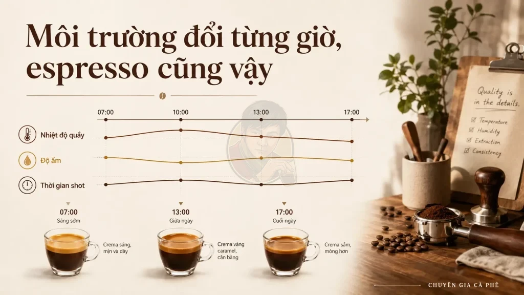 Biểu đồ nhiệt độ, độ ẩm và thời gian espresso thay đổi trong ngày.