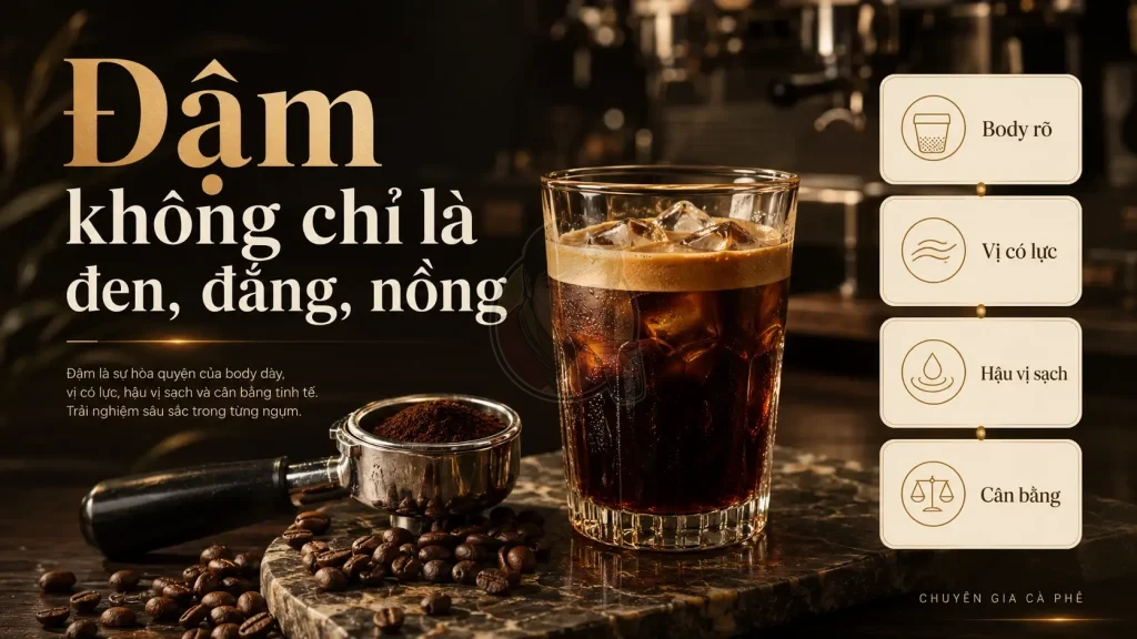 Độ đậm của cà phê rang mộc được đánh giá qua body, lực vị, hậu vị sạch và độ cân bằng.
