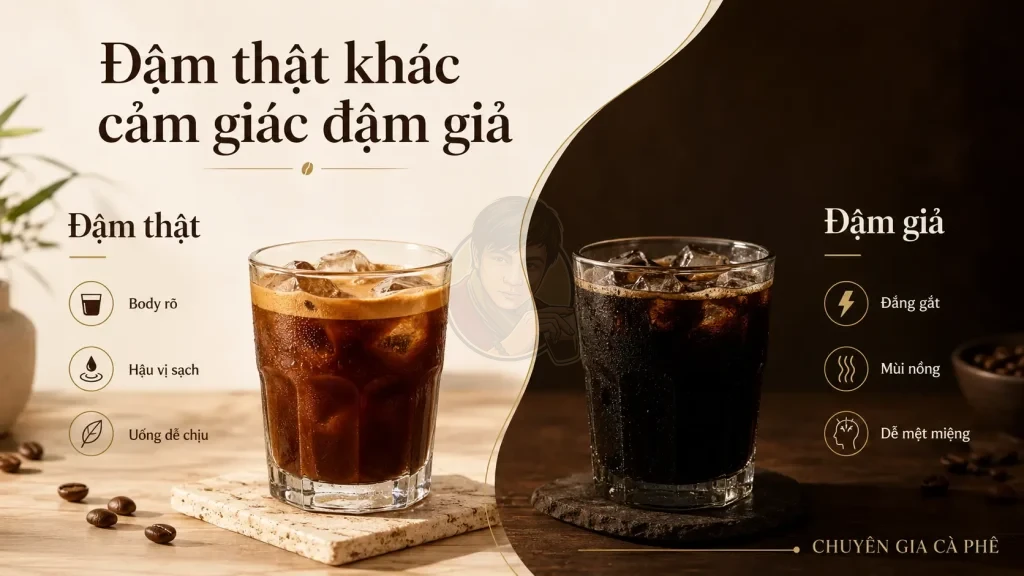 So sánh đậm thật và đậm giả trong cà phê rang mộc qua body, hậu vị và cảm giác sau khi uống.