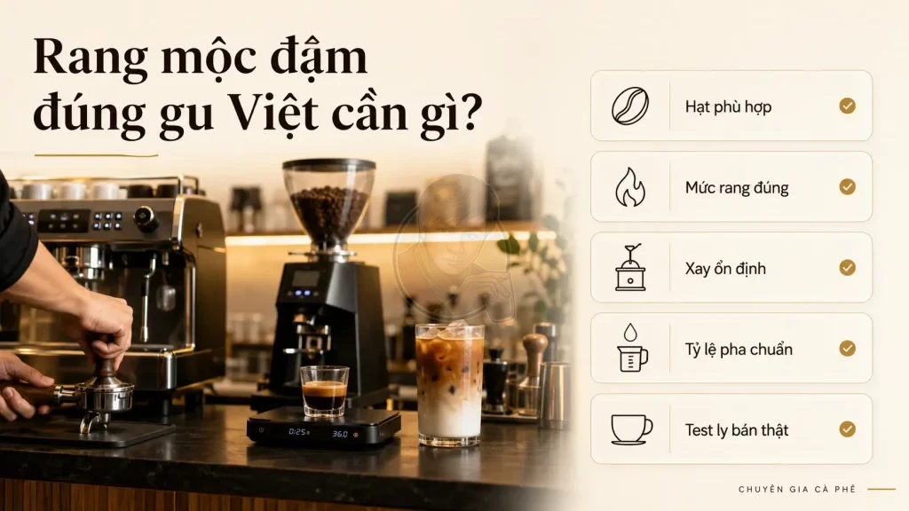 Checklist giúp cà phê rang mộc đạt độ đậm đúng gu Việt với hạt phù hợp, mức rang chuẩn và công thức pha ổn định.