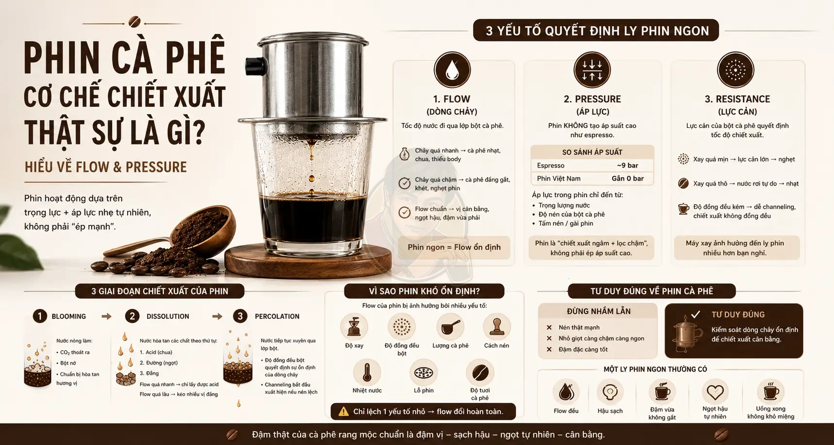 Phin cà phê – Cơ chế chiết xuất thật sự là gì? Hiểu đúng về Flow & Pressure.