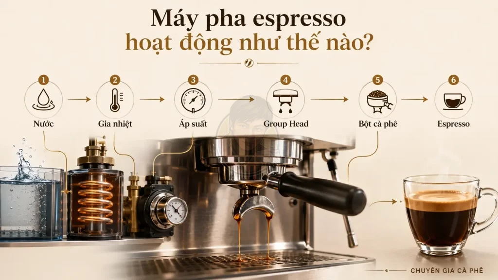 Sơ đồ nguyên lý hoạt động của máy pha cà phê espresso.