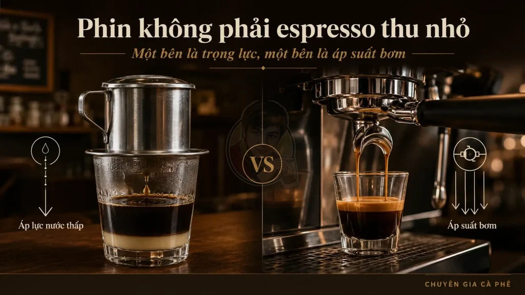 So sánh pressure trong phin cà phê và áp suất máy espresso khi chiết xuất.