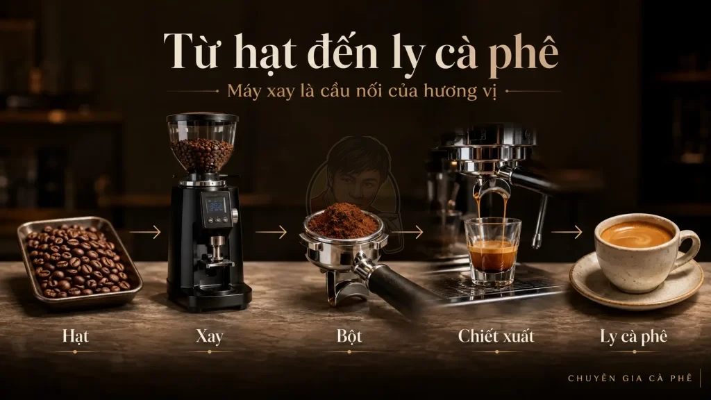 Quy trình từ hạt cà phê qua máy xay đến ly espresso trong quán cà phê chuyên nghiệp.