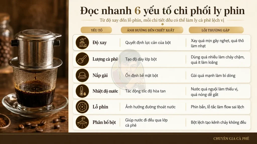 Checklist các yếu tố ảnh hưởng đến flow khi pha phin cà phê tại quán.
