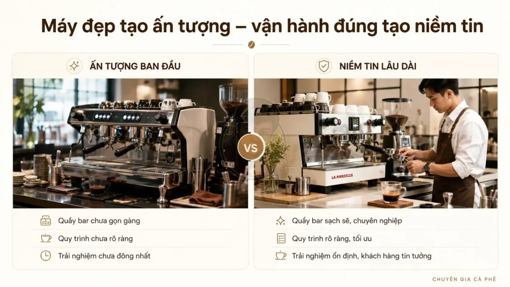 So sánh máy pha cà phê đẹp và máy pha được vận hành đúng trong quán cà phê chuyên nghiệp.