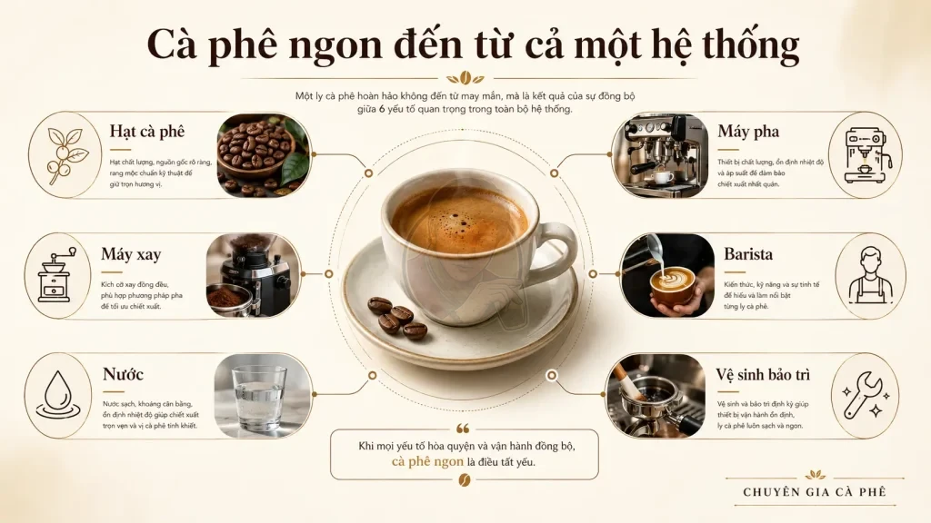 Hệ thống tạo nên ly cà phê ngon gồm hạt cà phê, máy xay, nước, máy pha, barista và quy trình vệ sinh bảo trì.