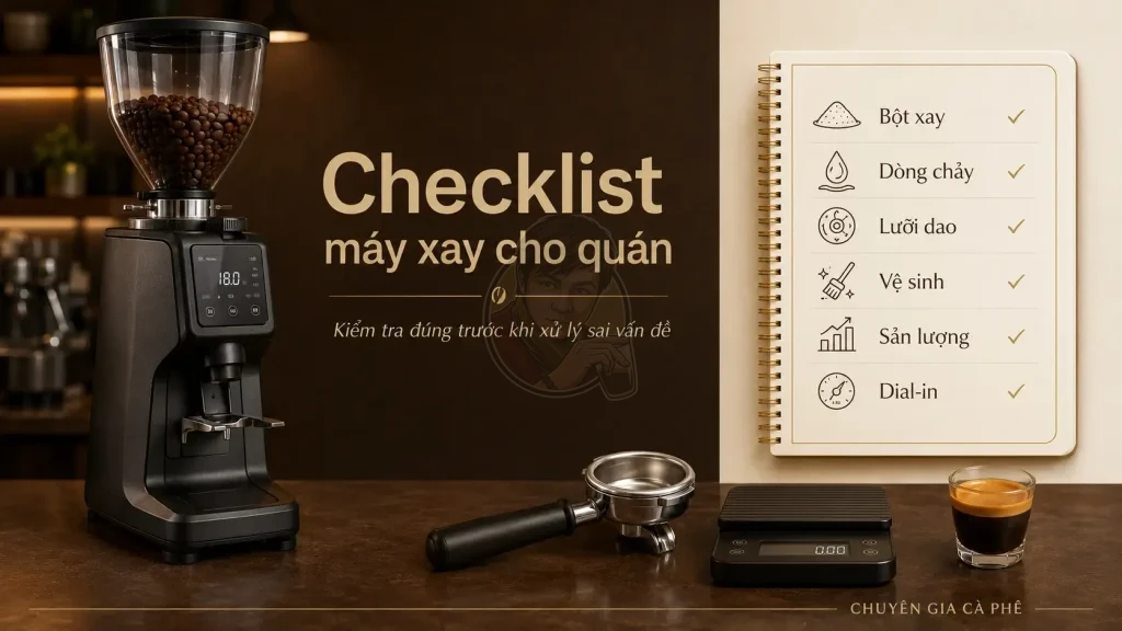 Checklist kiểm tra máy xay cà phê cho quán để giữ chất lượng ly espresso ổn định.