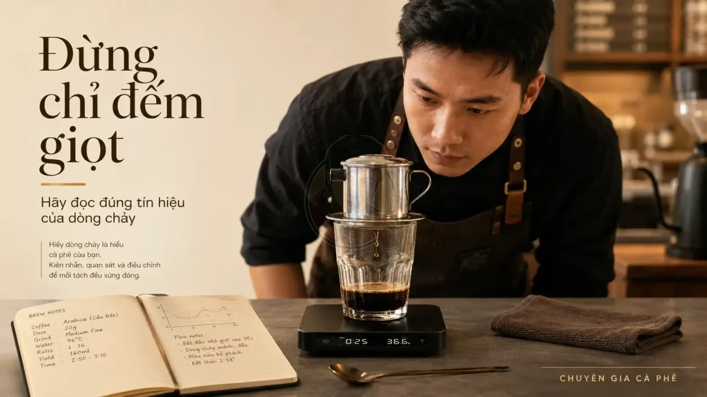 Barista kiểm tra flow khi pha phin cà phê trong quán cà phê Việt Nam.