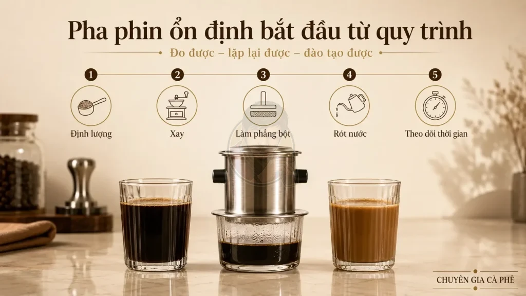 Quy trình pha phin cà phê ổn định cho chủ quán và barista.