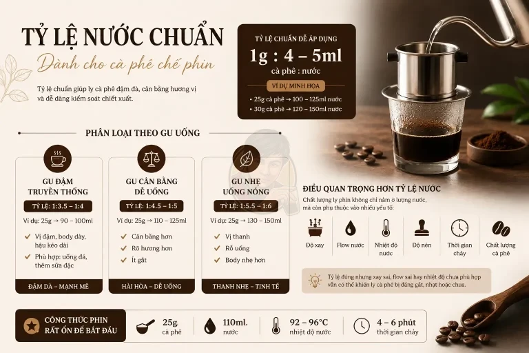 Tỷ lệ nước chuẩn cho cà phê phin là bao nhiêu?