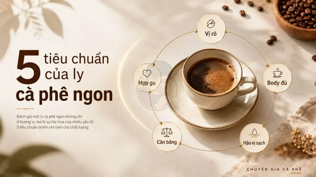 Năm tiêu chuẩn đánh giá cà phê ngon gồm vị rõ, body đủ, hậu vị sạch, cân bằng và hợp gu người uống.