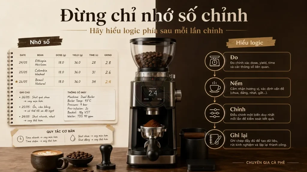 Người mới học máy xay cà phê nên hiểu logic chỉnh máy thay vì chỉ nhớ số chỉnh.