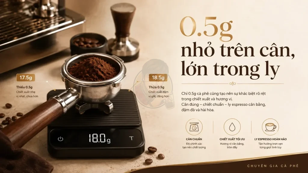 Sai lệch 0.5g bột cà phê có thể ảnh hưởng đến shot espresso và hương vị trong ly.