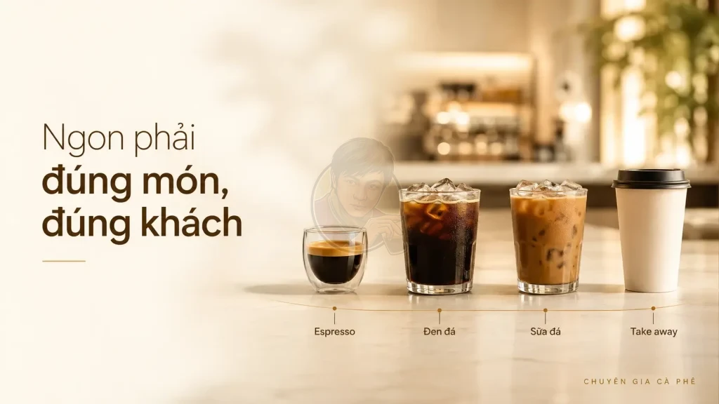 Cà phê ngon cần phù hợp với từng món như espresso, cà phê đen đá, cà phê sữa đá và take away.