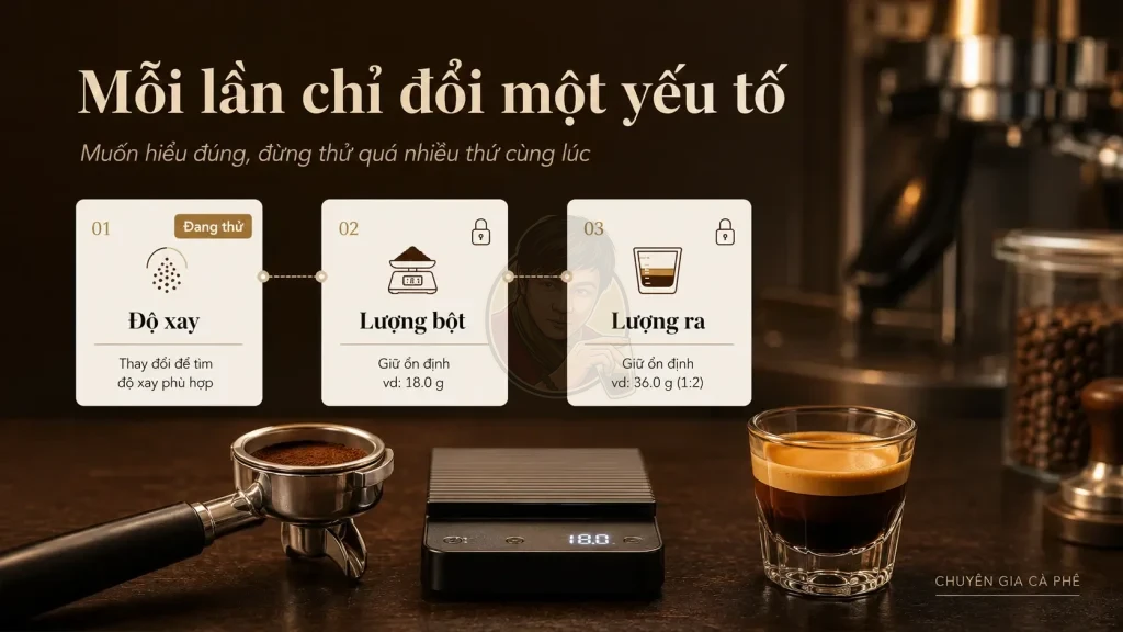 Nguyên tắc học chỉnh máy xay cà phê là mỗi lần chỉ thay đổi một yếu tố và ghi nhận kết quả.