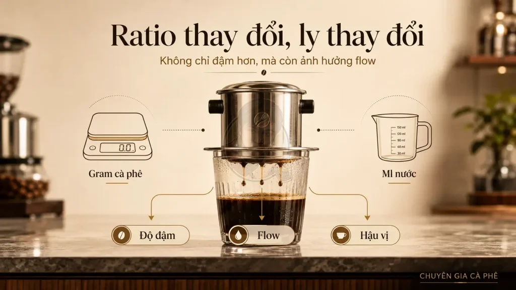Ratio cà phê phin ảnh hưởng đến flow độ đậm và hậu vị trong ly.
