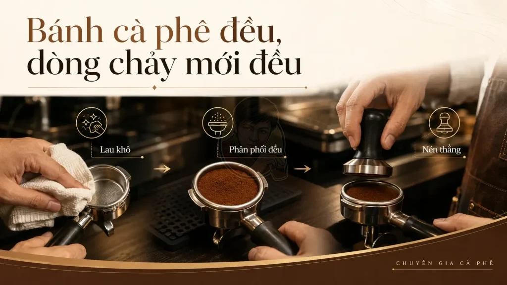 Lau khô basket và phân phối bột đều giúp espresso chảy ổn định hơn.