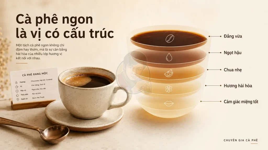 Cấu trúc vị của ly cà phê ngon gồm đắng vừa, ngọt hậu, chua nhẹ, hương hài hòa và cảm giác miệng tốt.