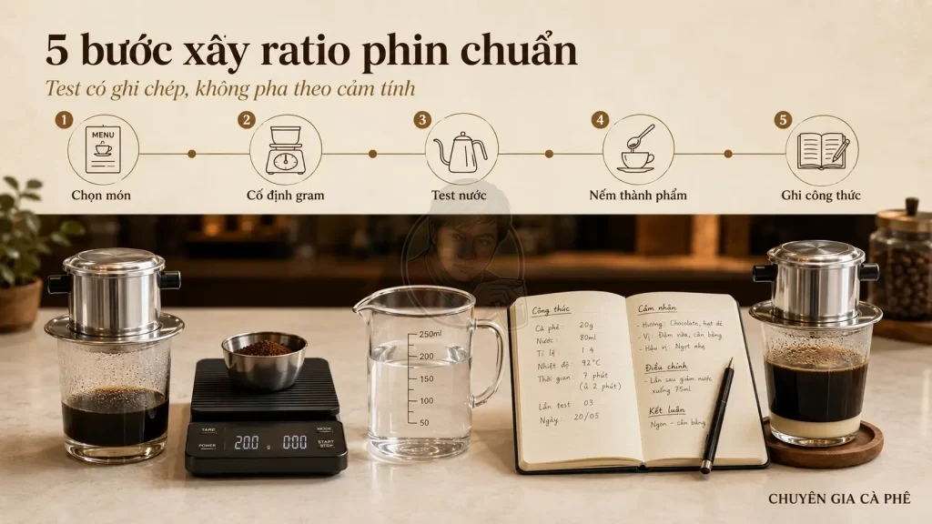 Quy trình xây dựng tỷ lệ nước cà phê phin chuẩn cho quán cà phê.