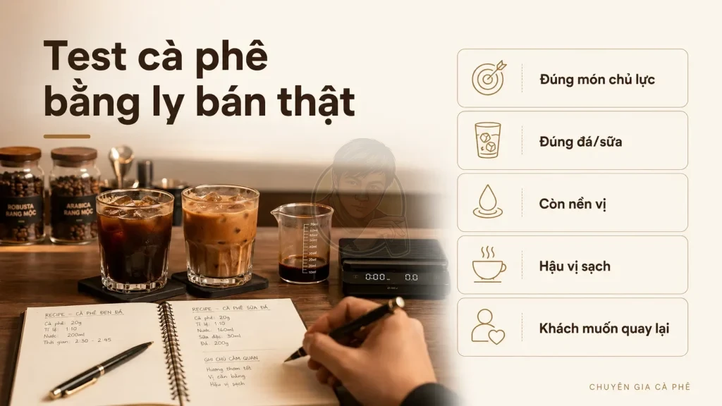 Chủ quán nên test cà phê ngon bằng ly bán thật với đúng món chủ lực, đá, sữa, nền vị và hậu vị.
