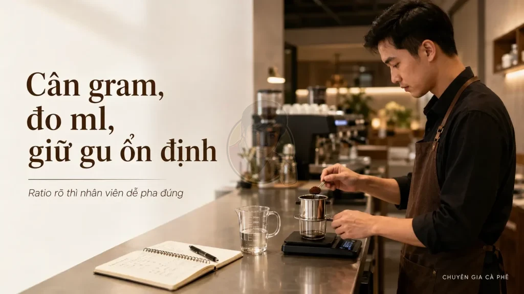 Barista cân cà phê và đo nước để kiểm soát ratio cà phê phin.