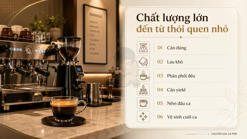 Checklist thói quen nhỏ giúp quán cà phê giữ chất lượng ổn định mỗi ngày.