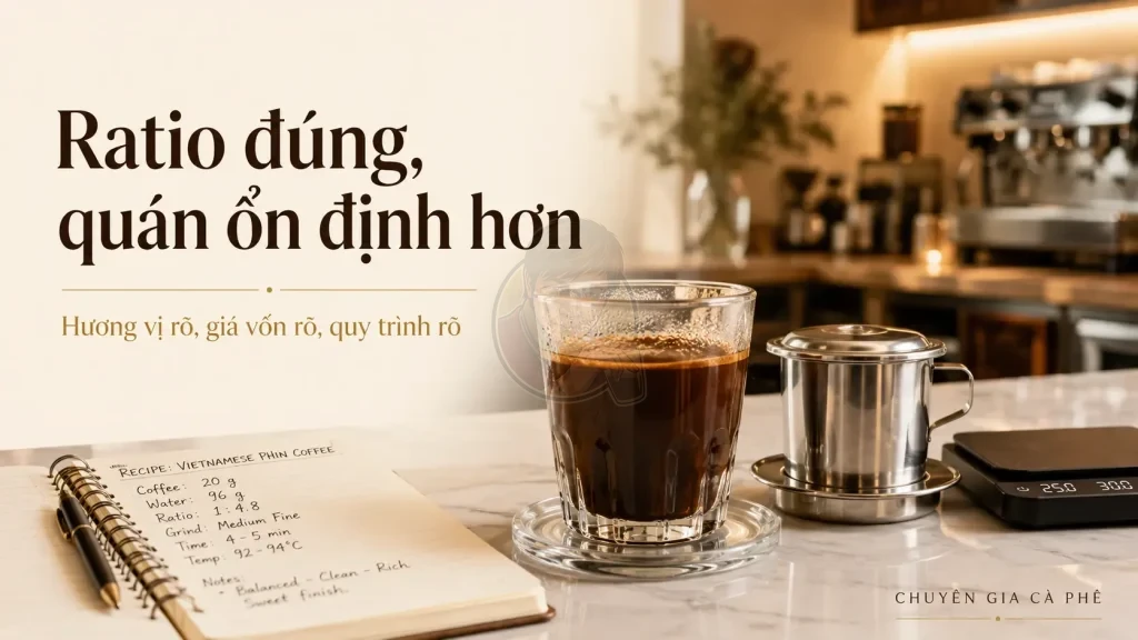 Ratio cà phê phin đúng giúp quán kiểm soát hương vị và vận hành ổn định.