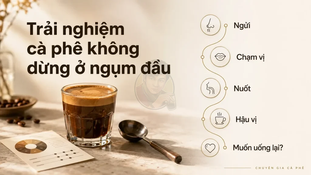 Trải nghiệm cà phê gồm ngửi, chạm vị, nuốt, hậu vị và cảm giác muốn uống lại sau khi uống.