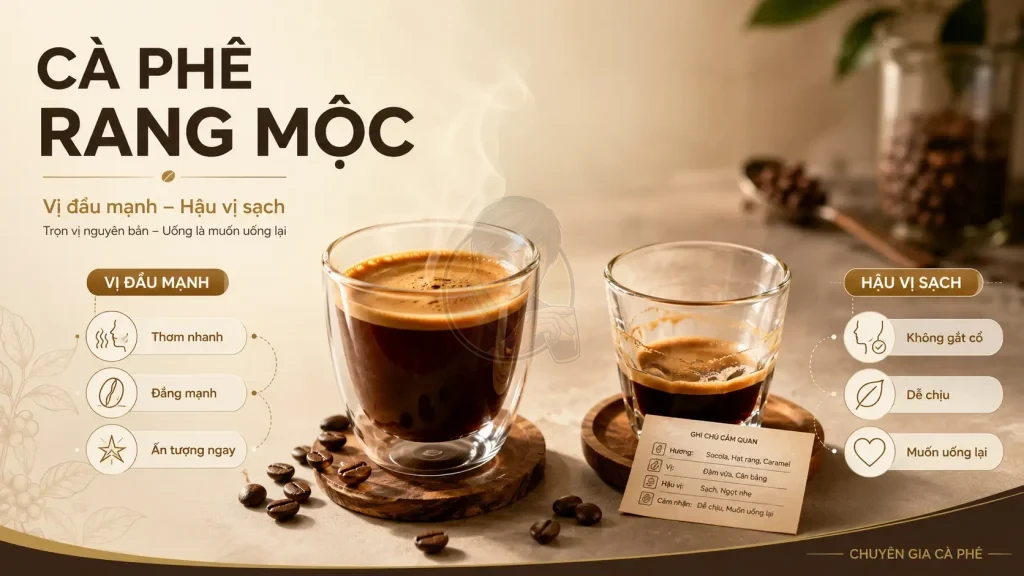 So sánh vị đầu mạnh và hậu vị sạch trong trải nghiệm cà phê của khách hàng.