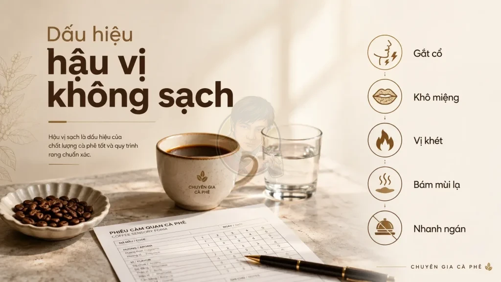 Dấu hiệu hậu vị không sạch trong cà phê gồm gắt cổ, khô miệng, vị khét, bám mùi lạ và nhanh ngán.