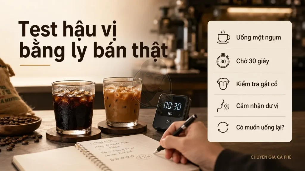 Chủ quán test hậu vị cà phê bằng cách uống một ngụm, chờ 30 giây và đánh giá cảm giác sau khi uống.