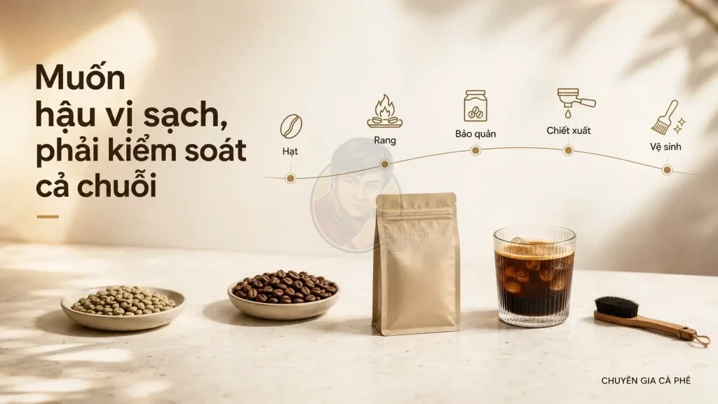 Hậu vị sạch trong cà phê đến từ kiểm soát hạt, rang, bảo quản, chiết xuất và vệ sinh thiết bị.