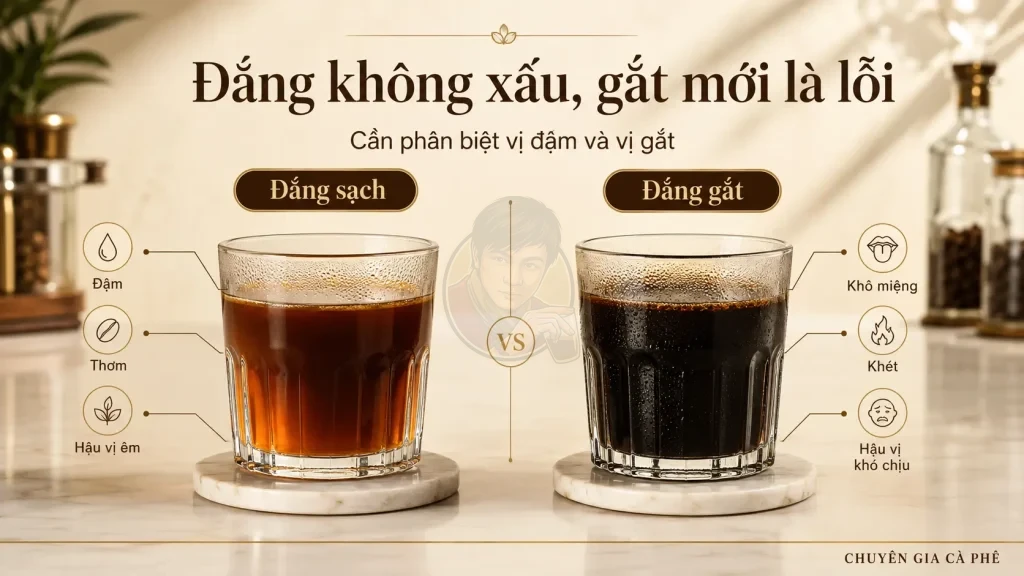 So sánh đắng sạch và đắng gắt trong ly cà phê phin Việt Nam.