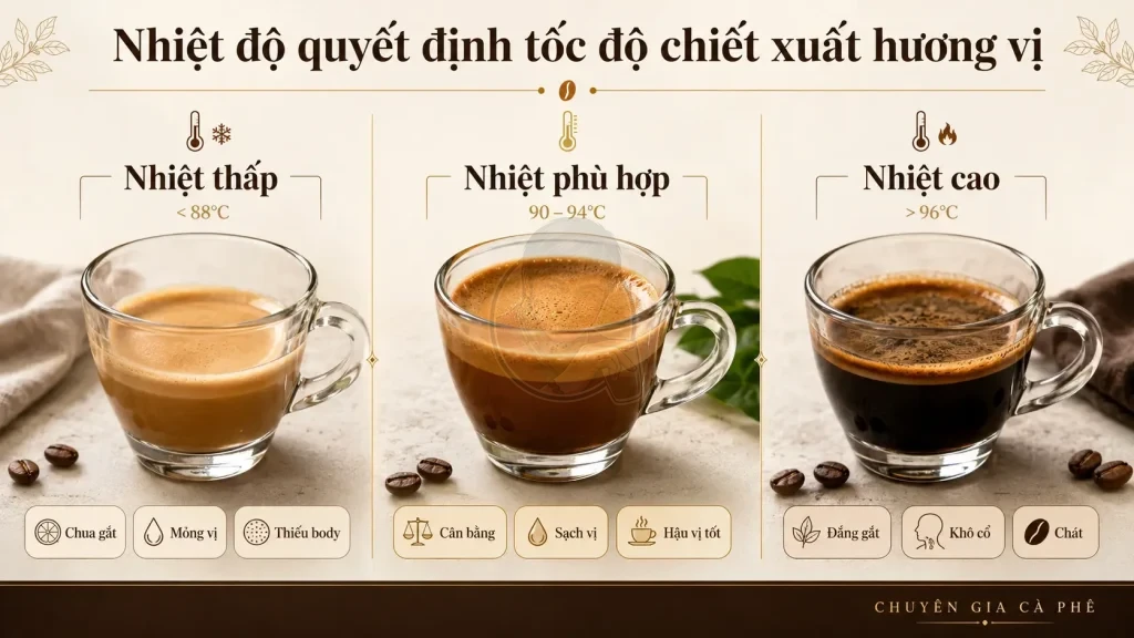 Nhiệt độ máy pha cà phê ảnh hưởng đến vị chua, vị cân bằng và vị đắng của espresso.