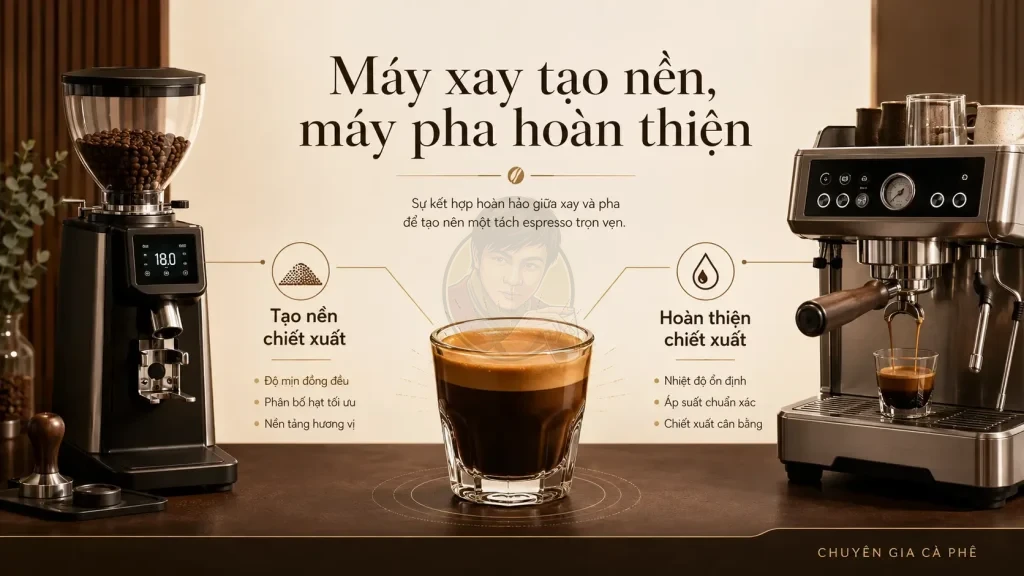 So sánh vai trò của máy pha và máy xay cà phê trong đầu tư thiết bị cho quán cà phê.