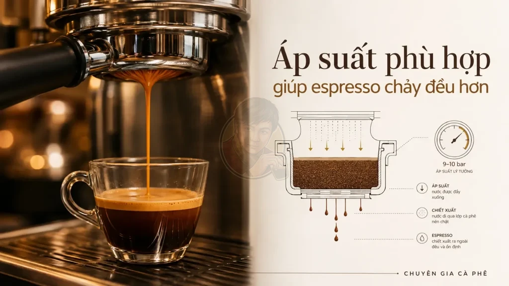 Áp suất máy pha cà phê ảnh hưởng đến dòng chảy, body, crema và chất lượng espresso.