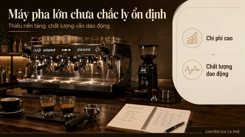 Sai lầm đầu tư máy pha lớn nhưng máy xay không phù hợp khiến chất lượng cà phê thiếu ổn định.
