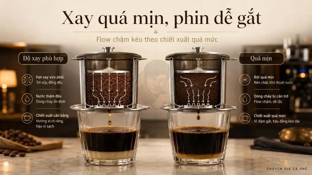 Độ xay cà phê quá mịn làm phin chảy chậm và gây vị đắng gắt.
