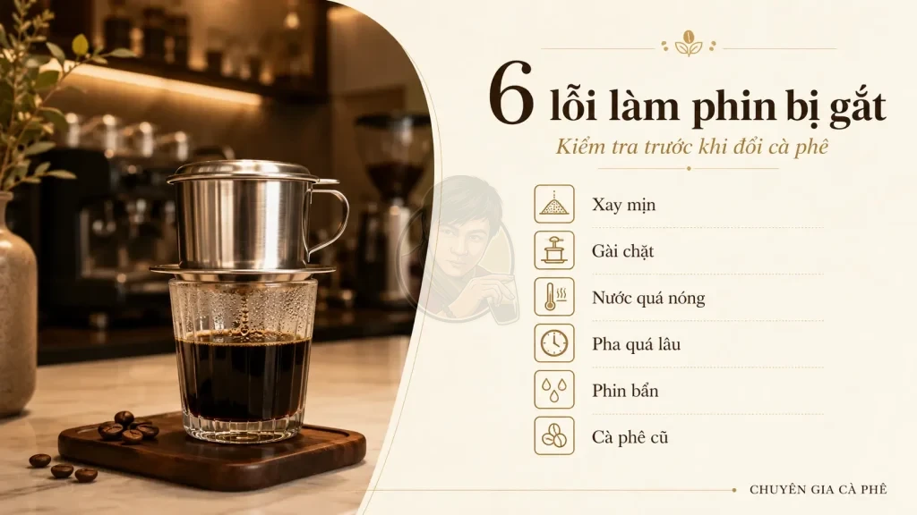 Checklist lỗi phổ biến khiến pha phin bị đắng gắt trong quán cà phê.